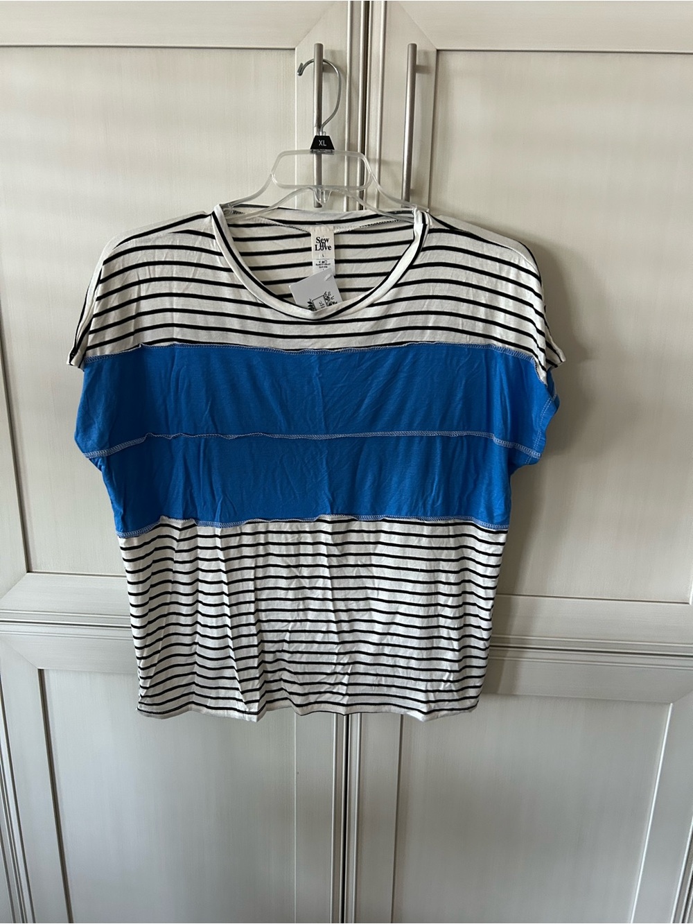 Sew In Love Black and White Striped Tee with Blue Panel
